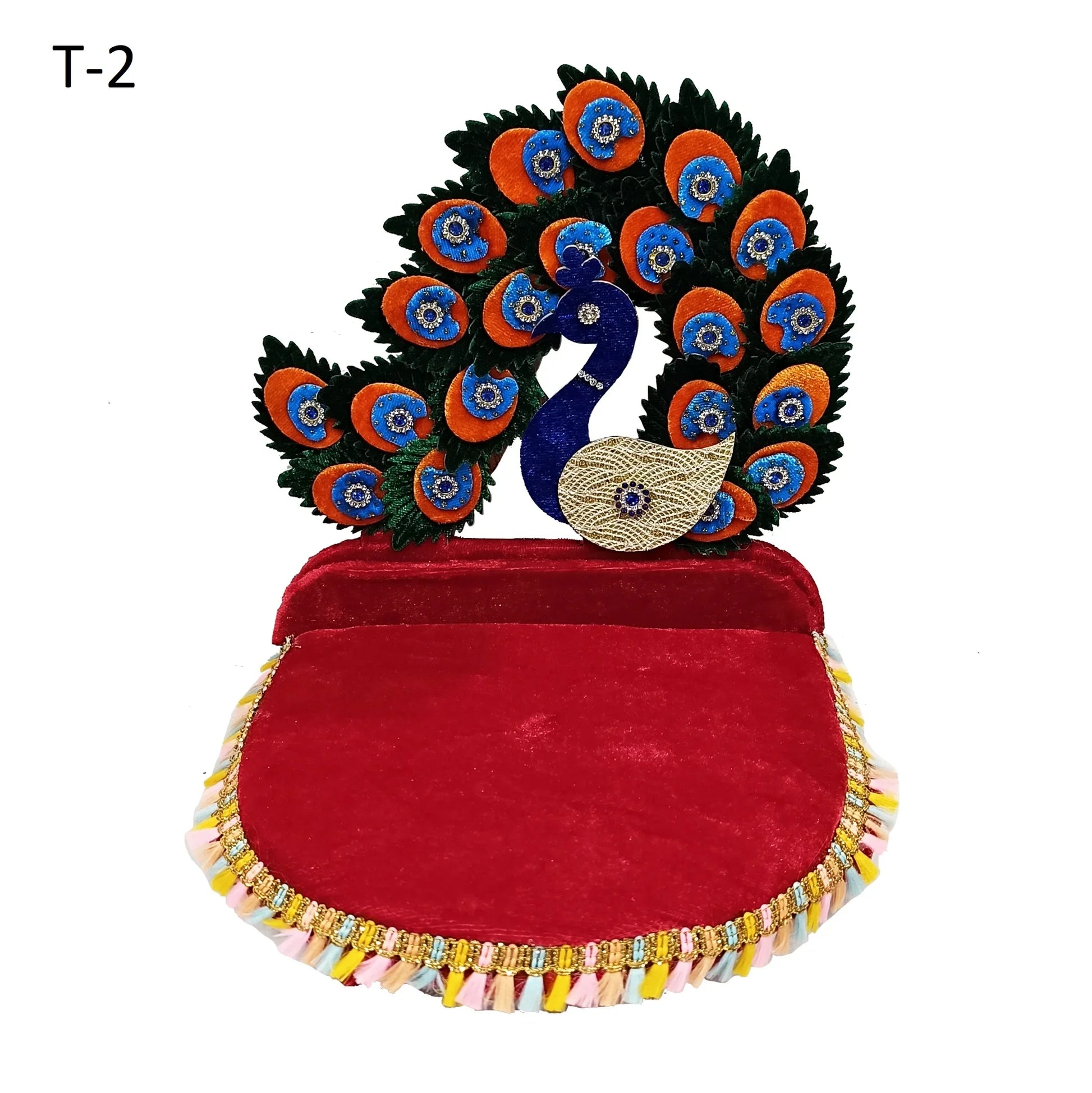 Elegant peacock Laddu Gopal singhasan on red velvet with blue, orange and green feather work