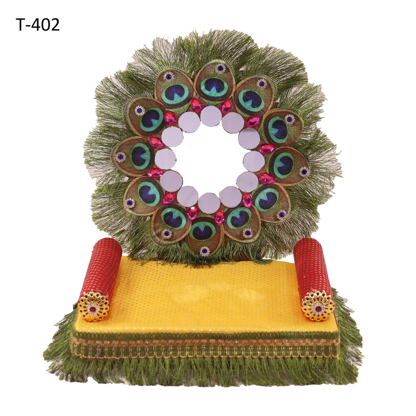 Peacock feather chakra Laddu Gopal singhasan with mirror and stone work on yellow velvet