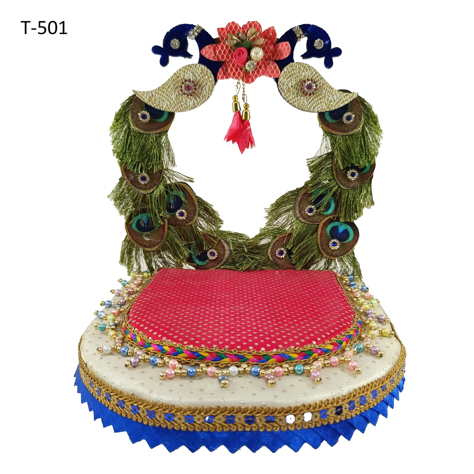 Peacock feather arch Laddu Gopal singhasan on red velvet with floral embellishment