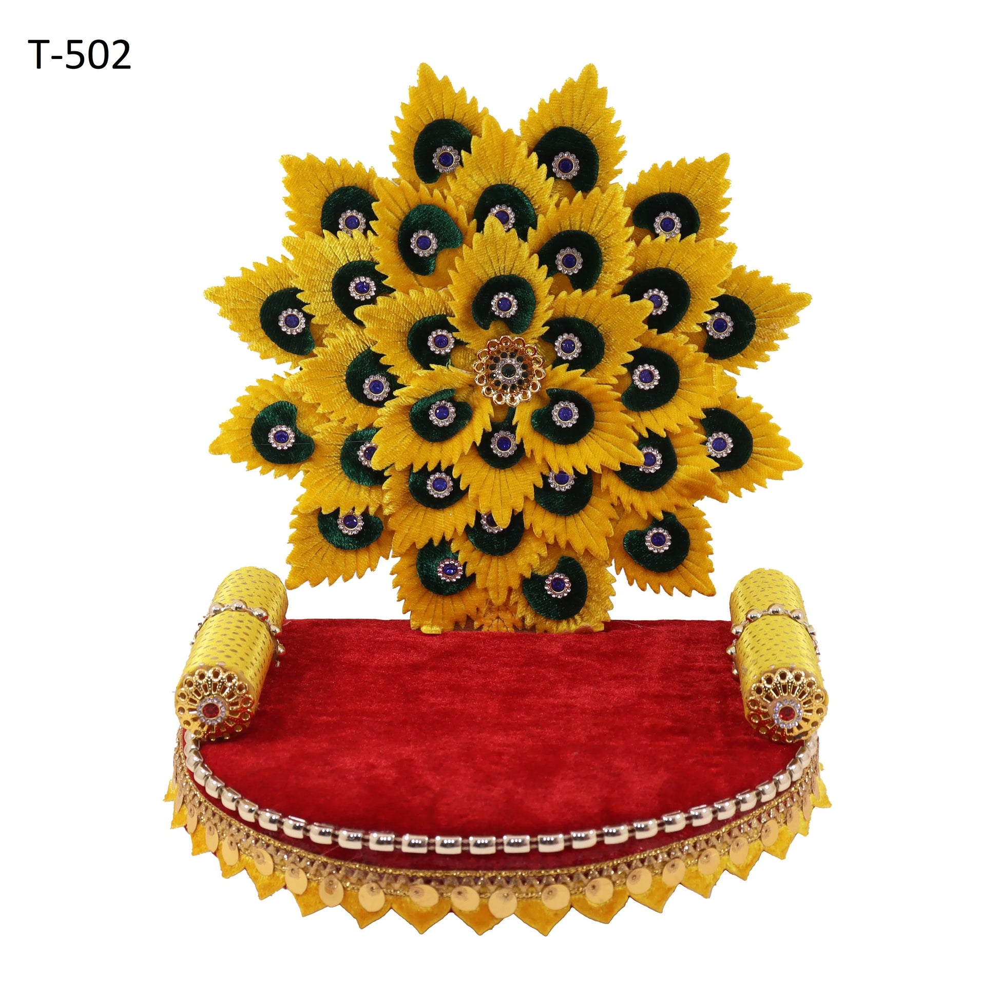 Sunflower floral Laddu Gopal singhasan on red velvet with stone detailing