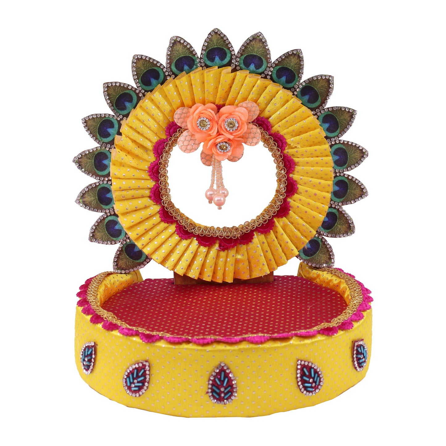 Peacock feather floral chakra Laddu Gopal singhasan on yellow and red velvet