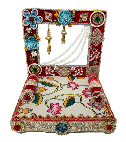 Laddu Gopal Singhasan White Red Velvet Decorated Seat With Back Frame – 6 8 10 12 Inch