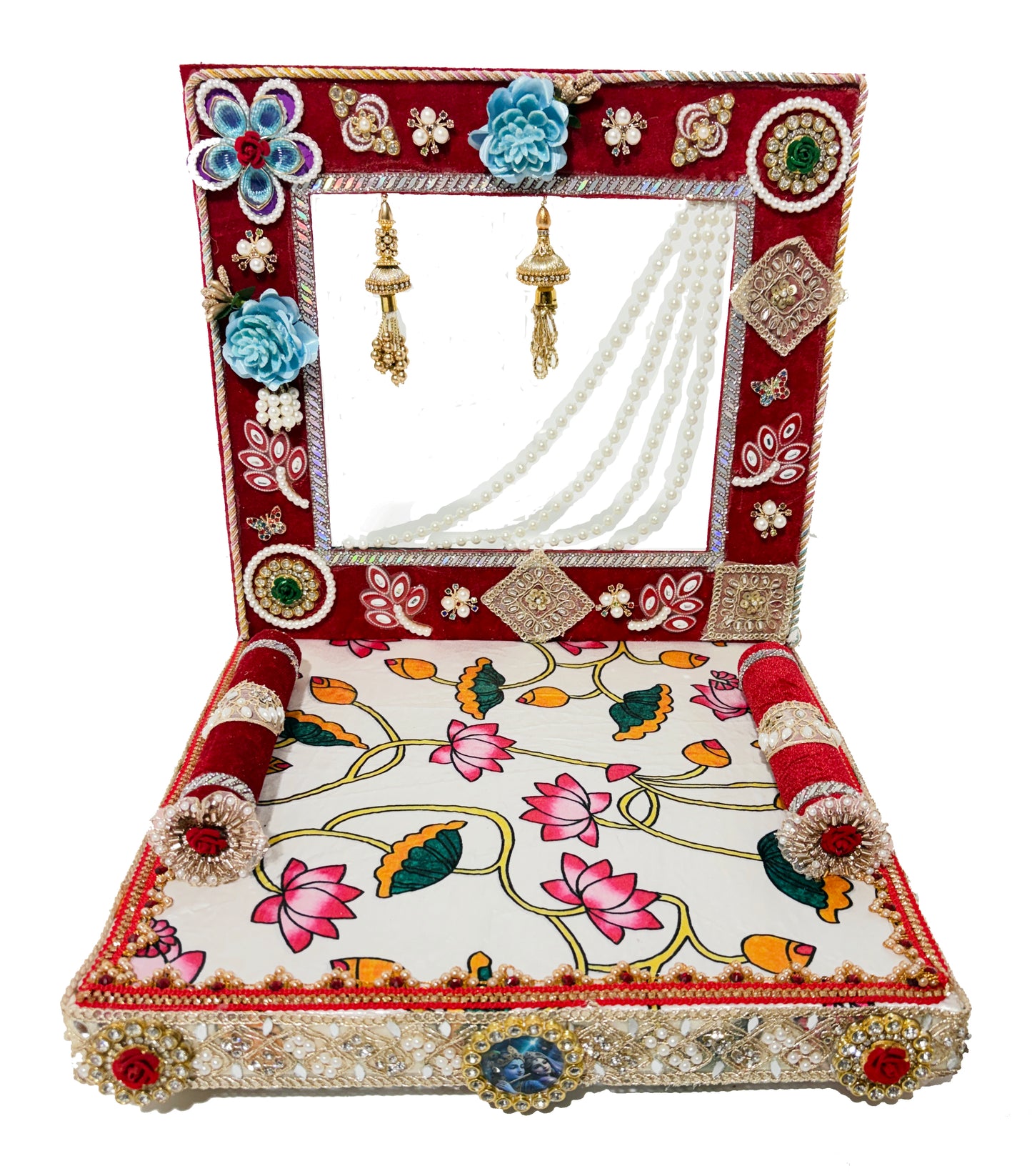 Laddu Gopal Singhasan White Red Velvet Decorated Seat With Back Frame – 6 8 10 12 Inch