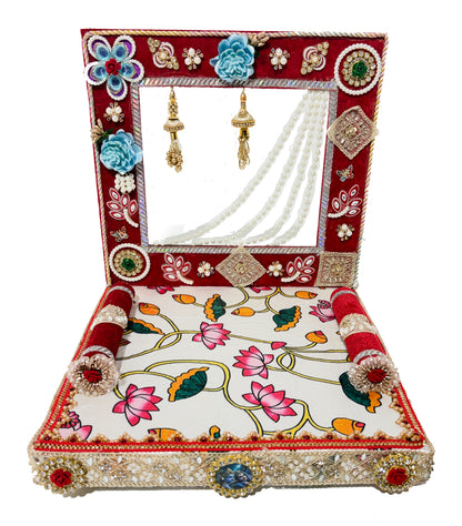 Laddu Gopal Singhasan White Red Velvet Decorated Seat With Back Frame – 6 8 10 12 Inch