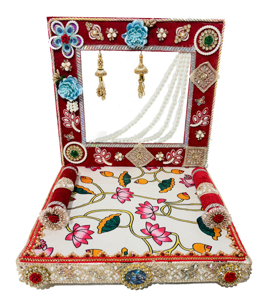 Laddu Gopal Singhasan White Red Velvet Decorated Seat With Back Frame – 6 8 10 12 Inch