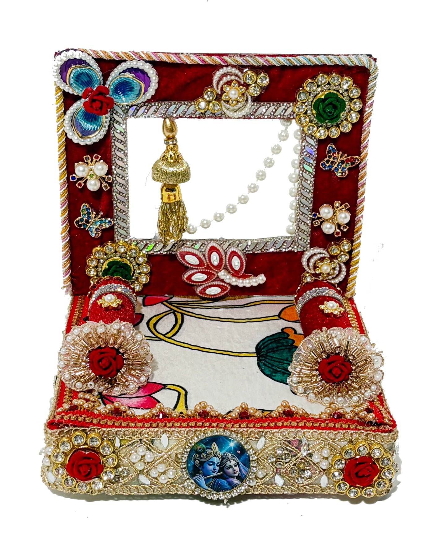 Laddu Gopal Singhasan White Red Velvet Decorated Seat With Back Frame – 6 8 10 12 Inch