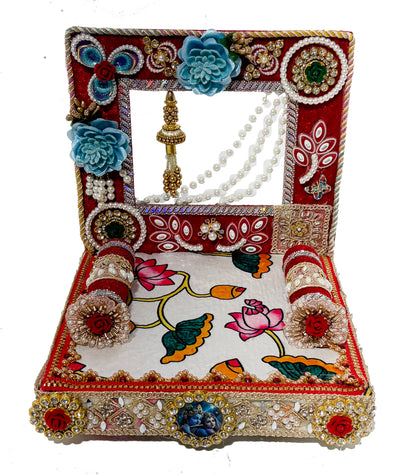 Laddu Gopal Singhasan White Red Velvet Decorated Seat With Back Frame – 6 8 10 12 Inch