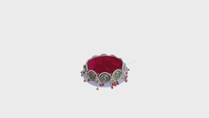 Laddu Gopal Asan Red Velvet With Radha Krishna Medallions Pearl & Crystal Border – Single Size