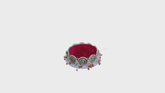 Laddu Gopal Asan Red Velvet With Radha Krishna Medallions Pearl & Crystal Border – Single Size