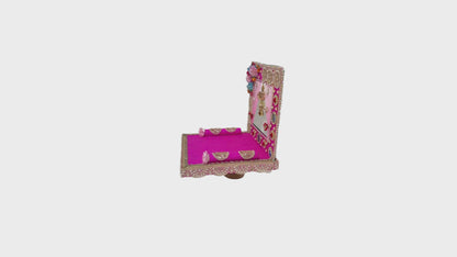 Laddu Gopal Singhasan Pink Velvet With Mandir Style Back Frame & Curtain – 6 8 10 12 Inch