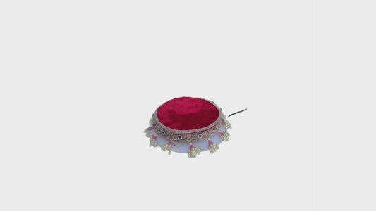 Laddu Gopal Round Asan Red Velvet With Pearl Tassel & Crystal Lace Border – Single Size